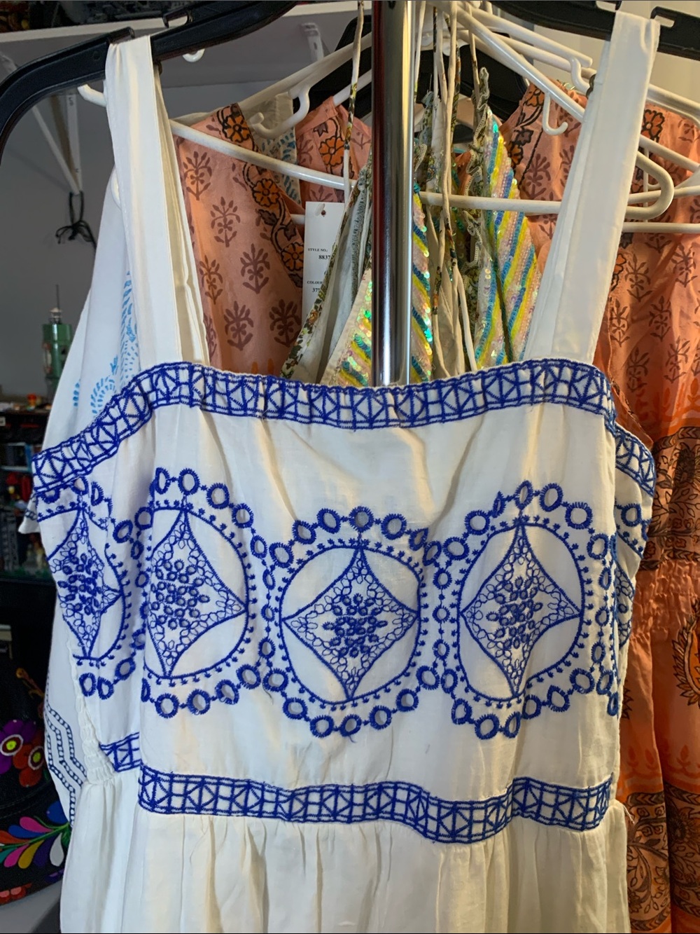 White Cotton Embroidered Camisole Top with Blue Stitching